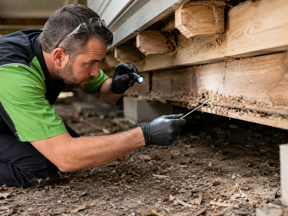 Technician inspecting wood for termite damage